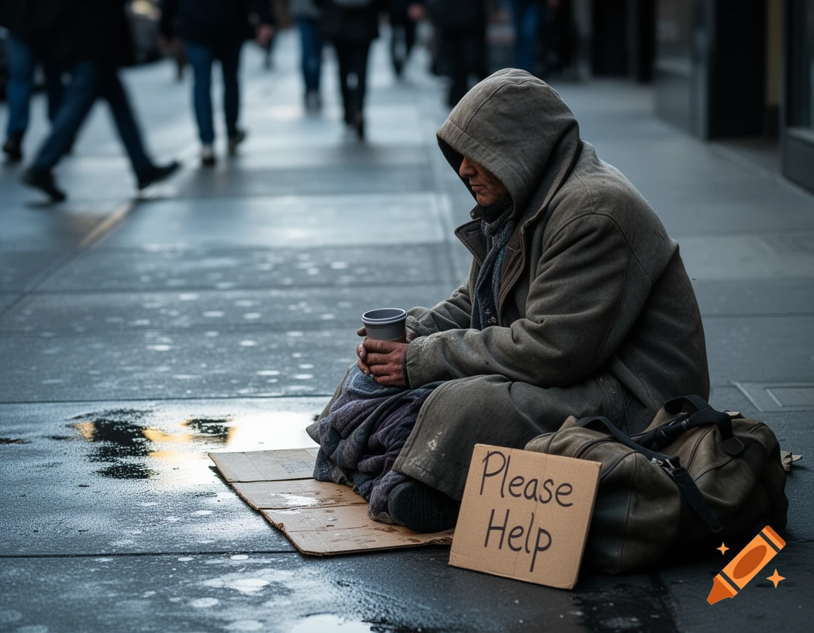 A hooded homeless person sits on a wet city sidewalk with a 'Please Help' sign, holding a cup, as blurred pedestrians pass by. Photorealistic.