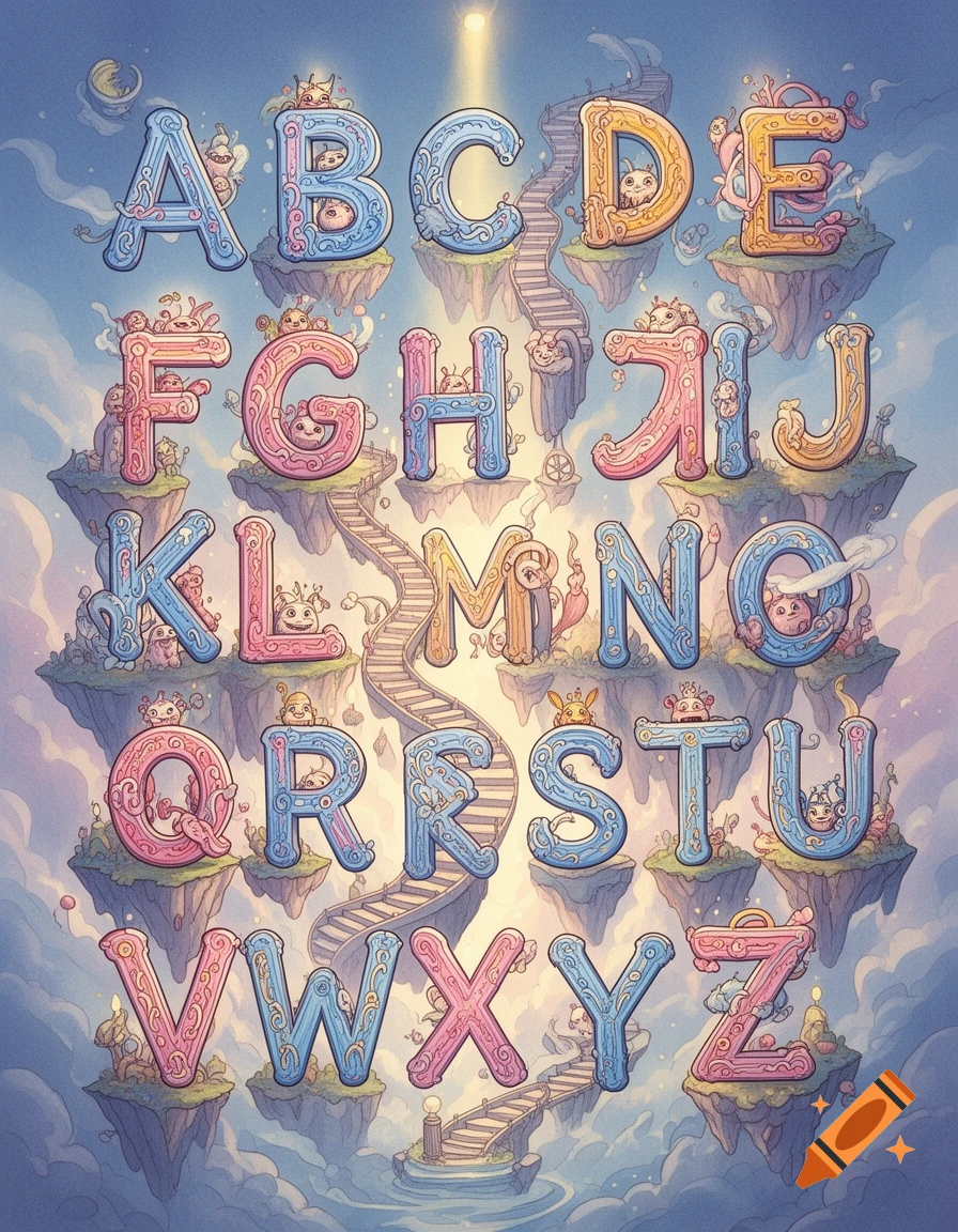 A whimsical alphabet illustration with decorative letters from A to Z on floating islands, connected by stairs, in a bright sky.