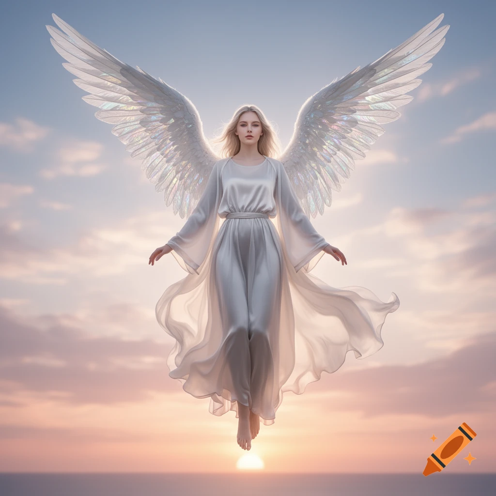 A majestic angelic woman with large, iridescent wings, floating in the sky above a serene ocean at sunset, wearing a flowing white dress.
