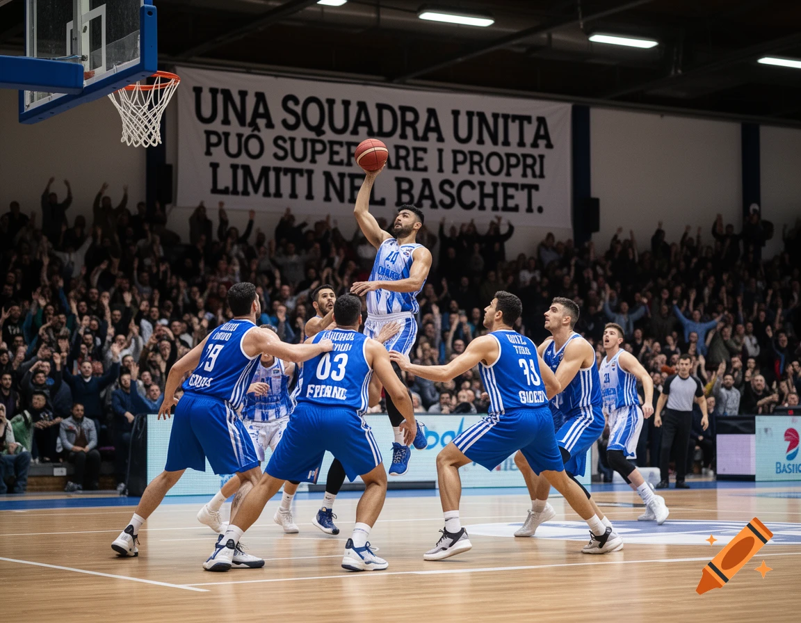 A basketball player in a blue and white uniform jumps to shoot the ball during a game in a crowded arena, photorealistic.