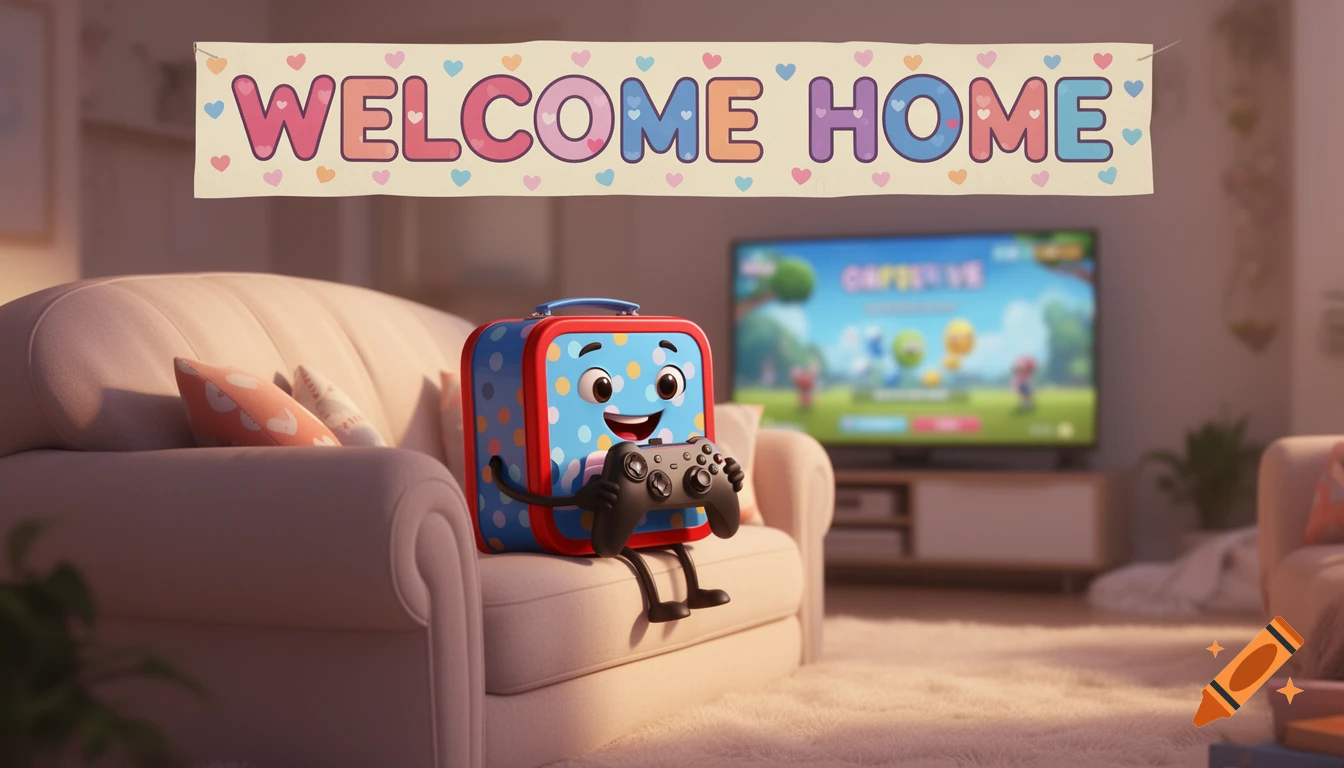 A happy, anthropomorphic lunchbox cartoon character sits on a couch, holding a game controller, under a "WELCOME HOME" banner, with a TV displaying a game in the background.