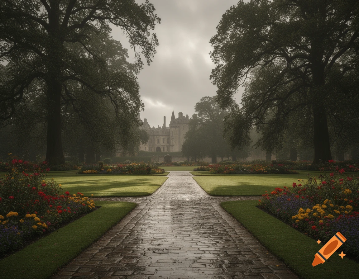 A brick path leads through a lush green garden with colorful flowers towards a grand castle shrouded in mist on an overcast day.