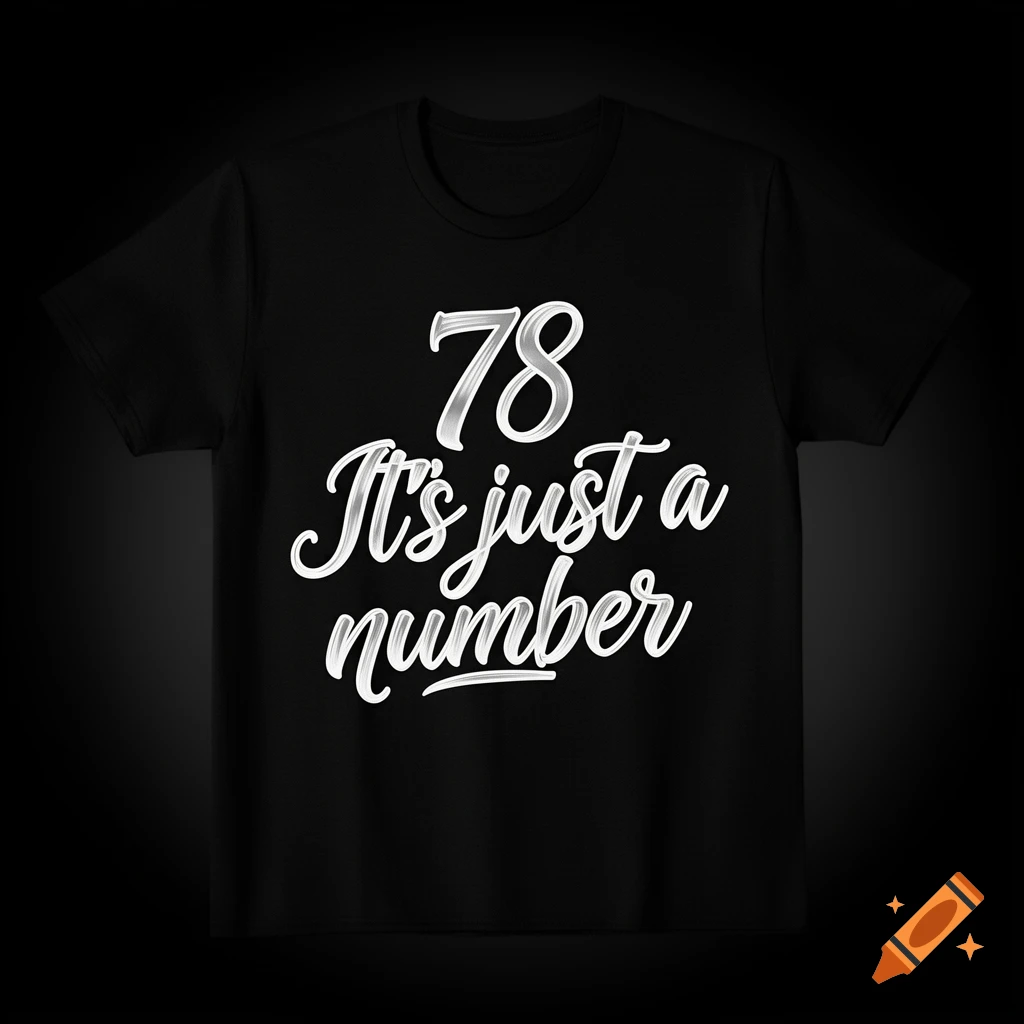 A black t-shirt displaying "78 It's just a number" in shiny white script.