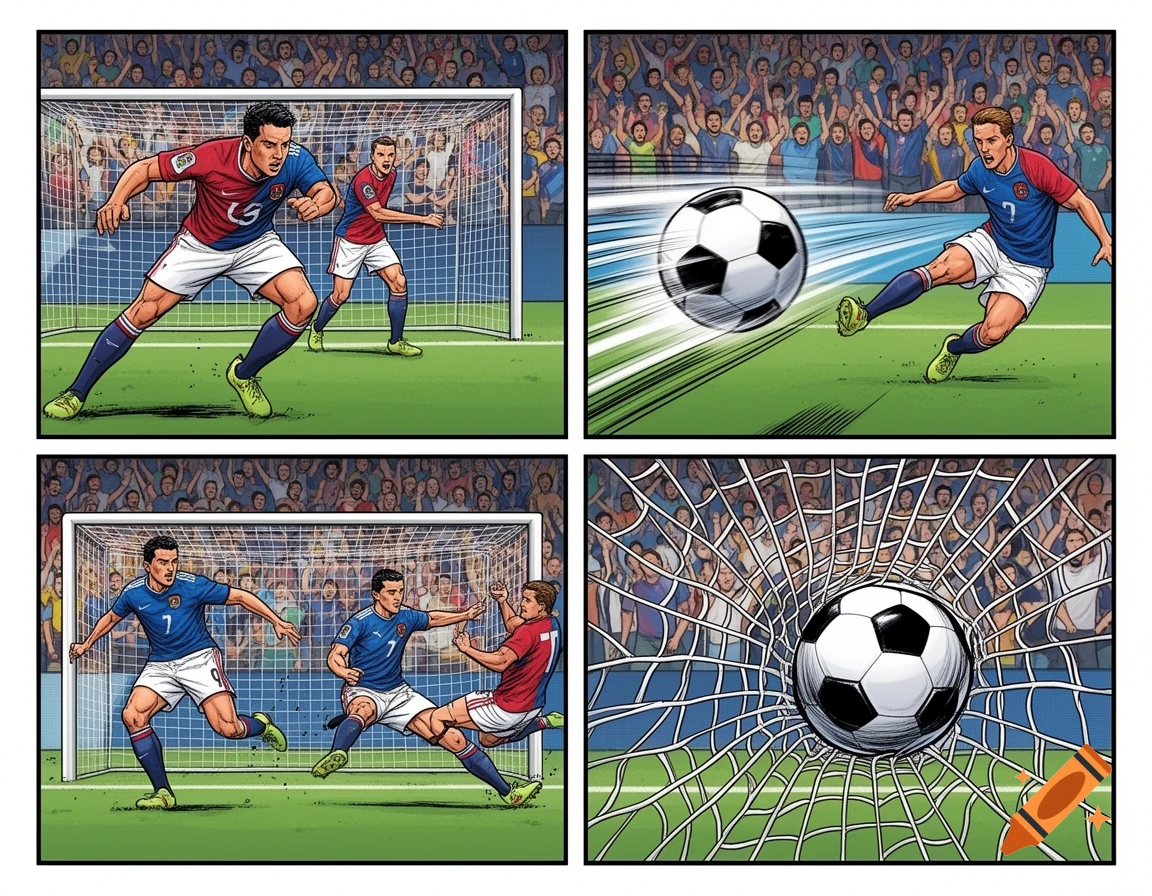 A four-panel comic strip depicting a soccer game sequence: a player dribbling, a player kicking the ball, players in front of the goal, and the ball scoring in the net.
