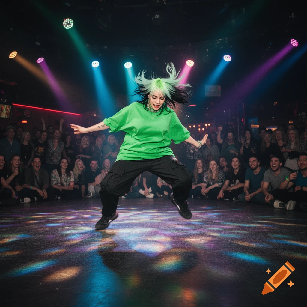 Billie Eilish, with black and neon green hair, dances on a spotlight-covered stage as an audience watches.
