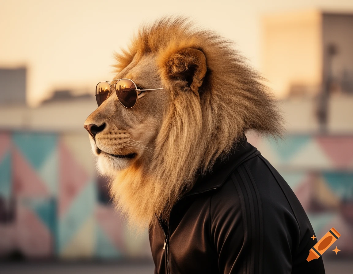 A photorealistic lion wearing aviator sunglasses and a black tracksuit in profile against a blurred urban background.