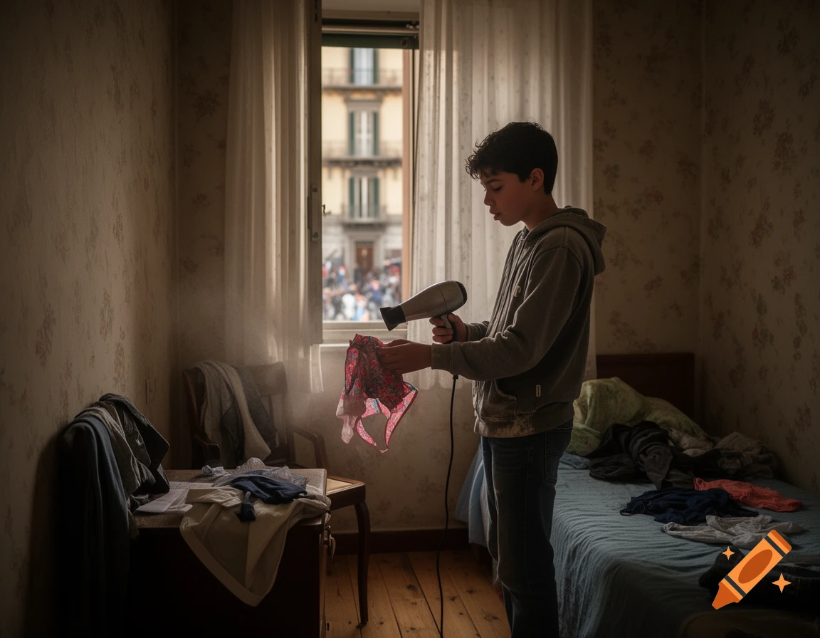 A young man in a dim room uses a hairdryer to dry pink, floral underwear, with a bustling street visible outside a window.