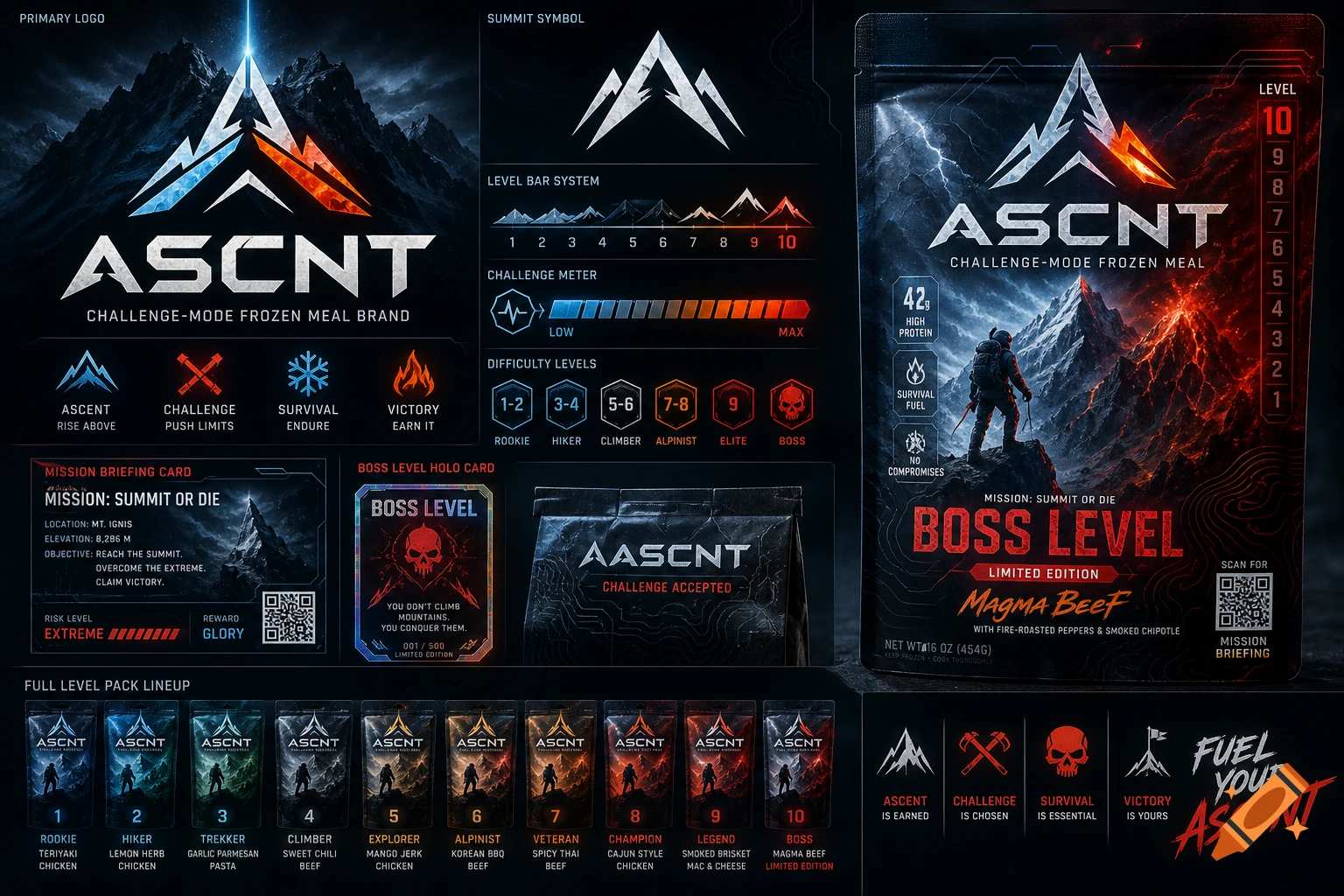 A detailed brand identity for ASCNT, a challenge-mode frozen meal brand, featuring logos, packaging mockups, mission cards, and level indicators with a futuristic, extreme sports aesthetic.