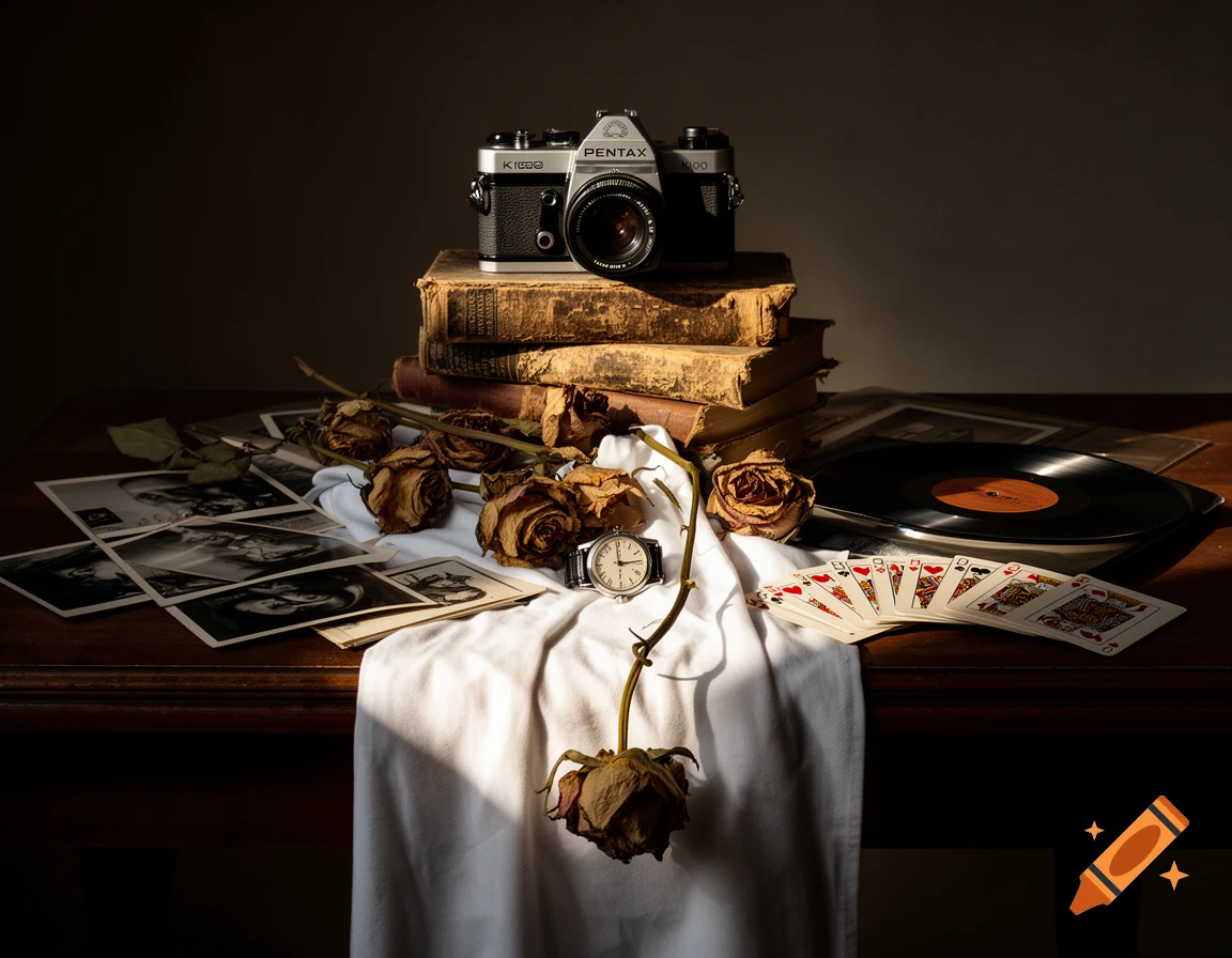 Moody vanitas still life of a vintage Pentax camera on old books, dried roses, photos, a record, playing cards, and a watch on a table, with dramatic chiaroscuro lighting.