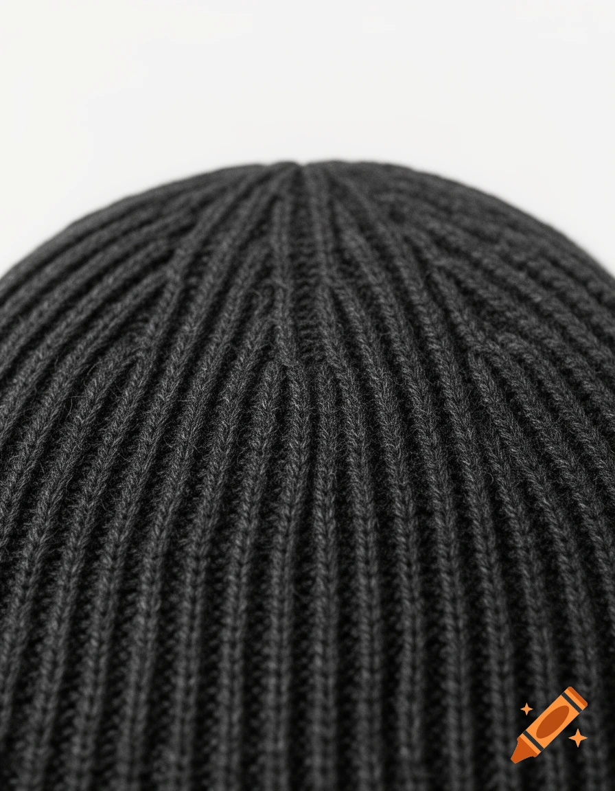 Close-up of a dark grey ribbed knit beanie against a white background.