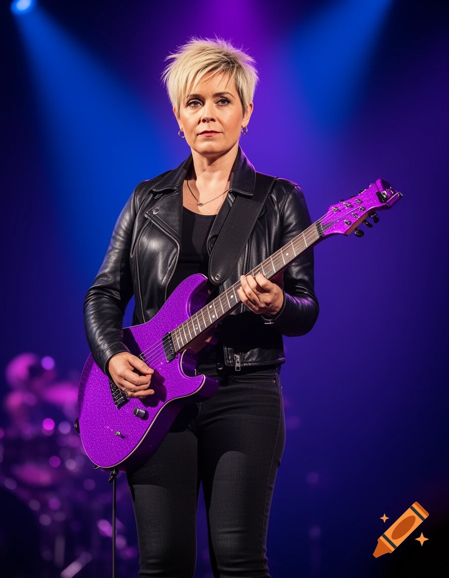 A woman with short blonde hair plays a sparkling purple electric guitar on a stage under blue and purple spotlights.