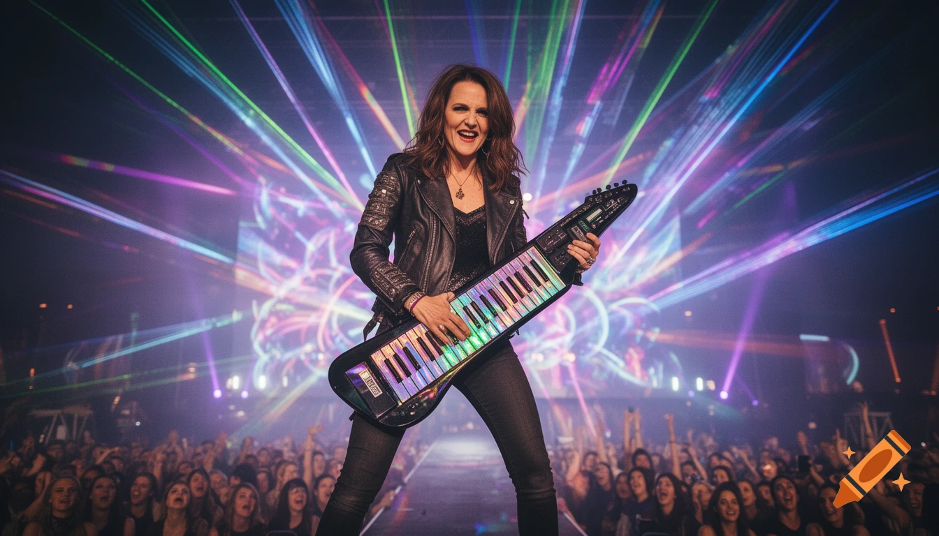 A woman in a leather jacket plays a rainbow-lit keytar on stage with laser lights, a cheering crowd visible below. Photorealistic.