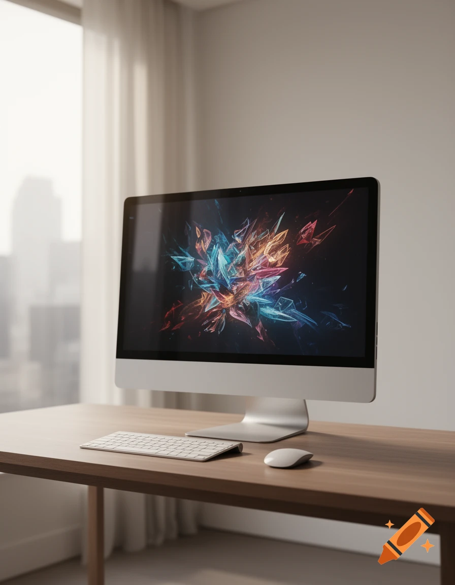 A modern all-in-one desktop computer with a colorful abstract wallpaper, on a wooden desk with a keyboard and mouse, in front of a bright window.