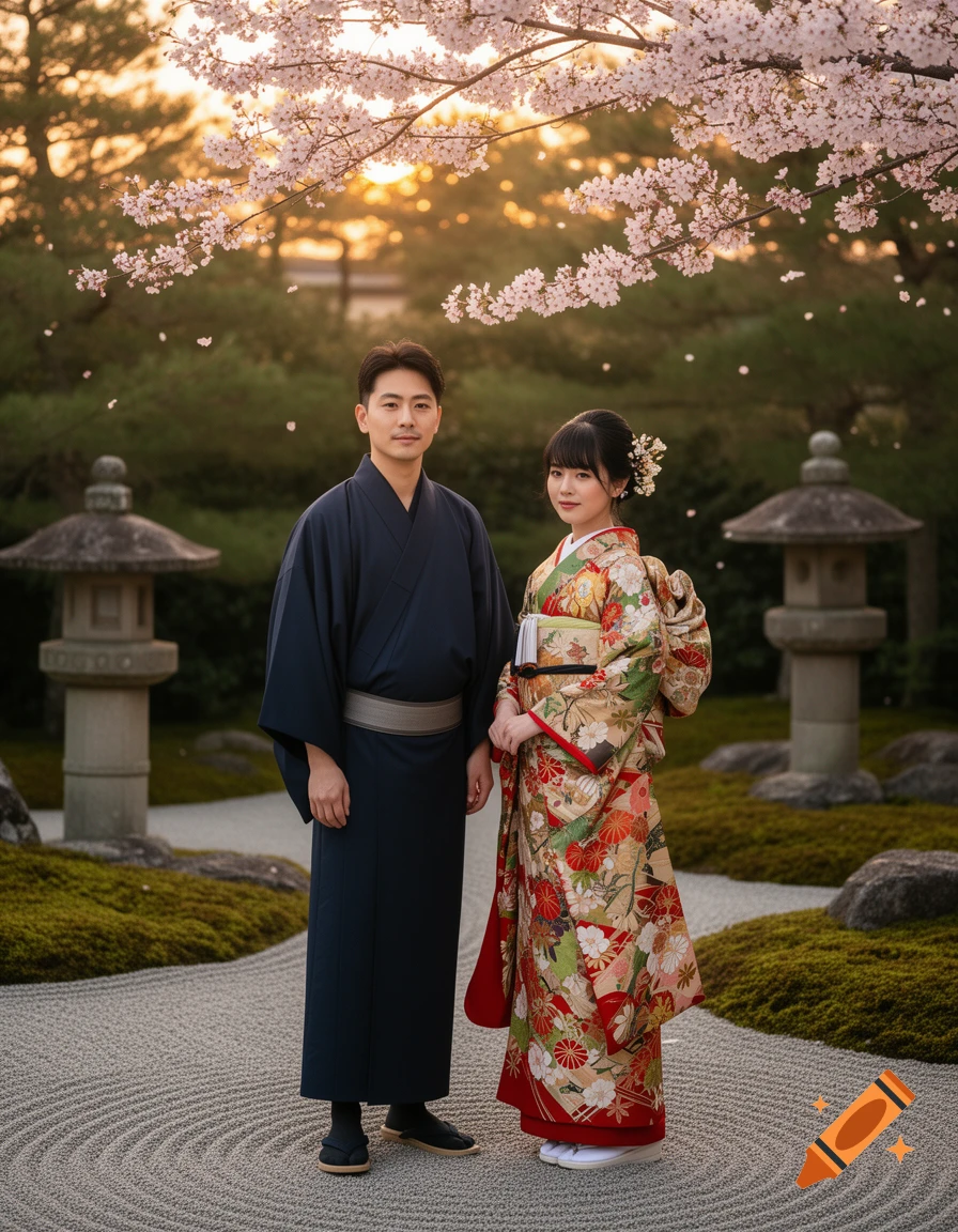 A Japanese couple in traditional kimonos stands in a serene garden with cherry blossoms overhead, captured in a photorealistic style.