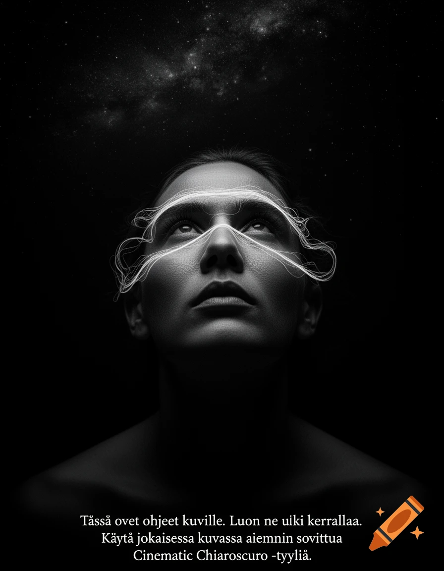 Black and white close-up portrait of a woman looking up at a starry sky, with glowing light strands over her eyes and brow.