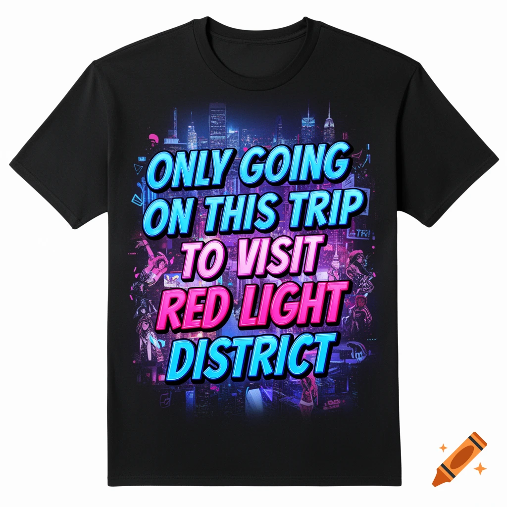 Black t-shirt with 'Only Going on This Trip to Visit Red Light District' in neon blue and pink text, set against a cyberpunk cityscape.