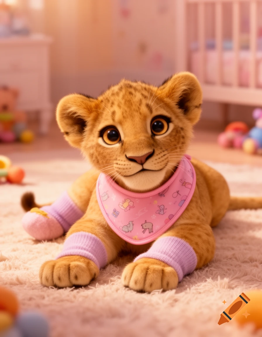 A cute Disney-style lion cub wearing a pink bib and lavender socks, lying on a fluffy carpet in a baby nursery.