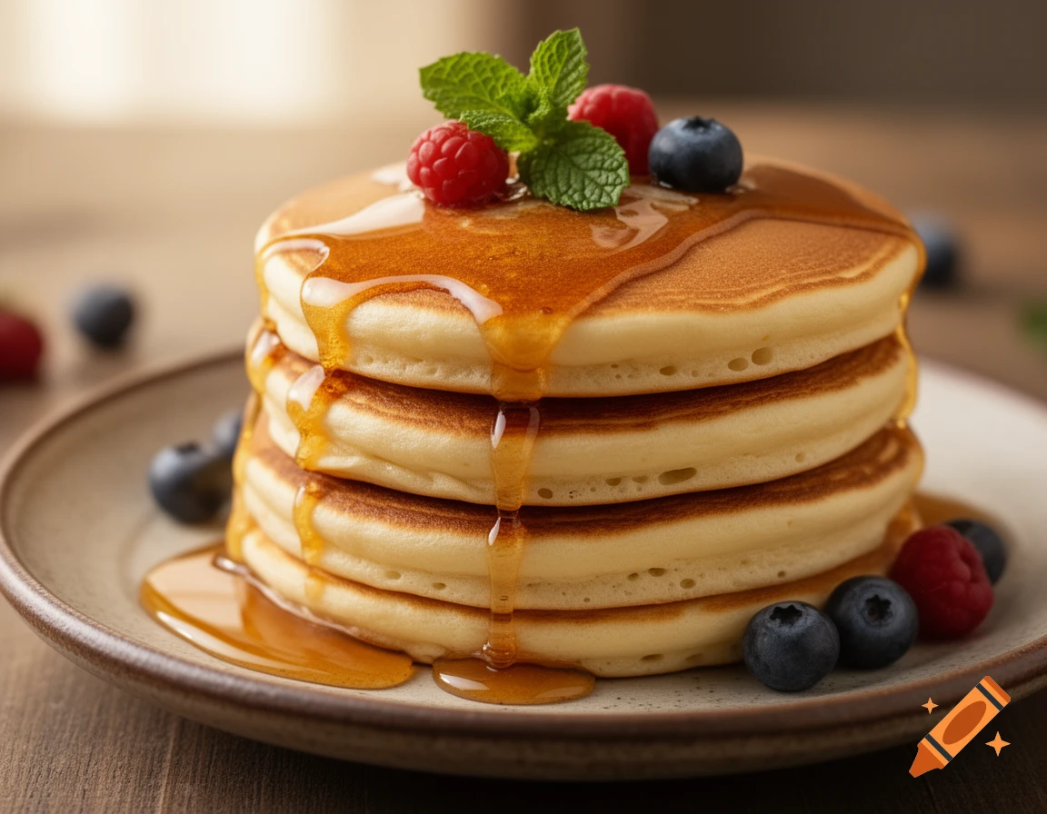 A stack of golden pancakes drenched in maple syrup, garnished with raspberries, blueberries, and fresh mint on a plate.