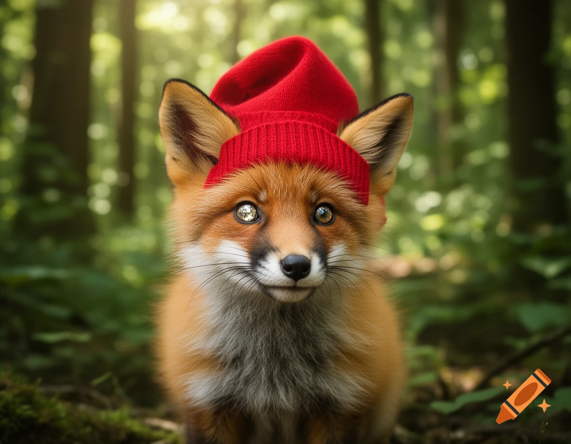 A cute fox wearing a red knit hat stares forward in a lush green forest with dappled sunlight.