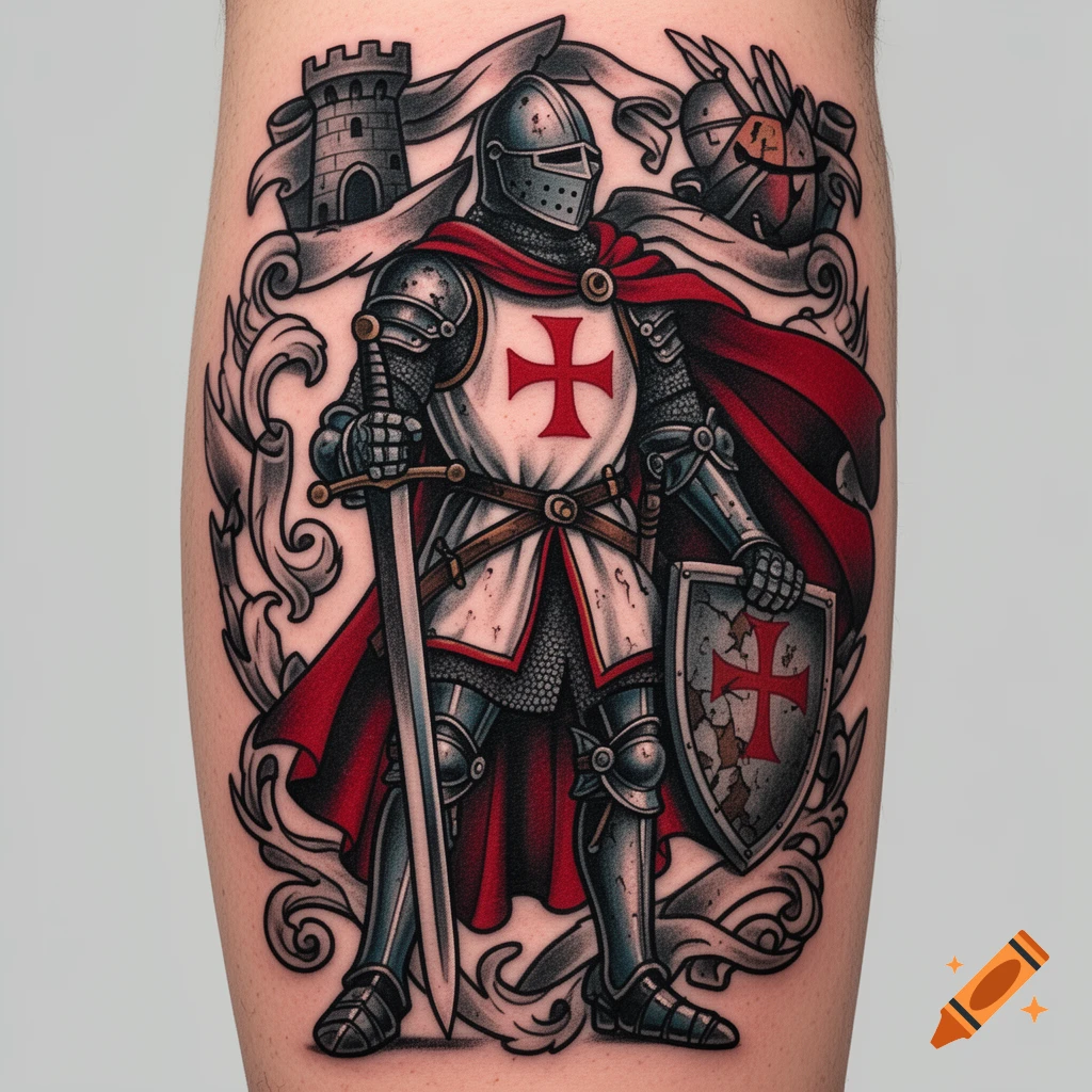 A traditional old school style tattoo of a Templar knight in full armor, holding a sword and shield with a red cross, with a castle tower.