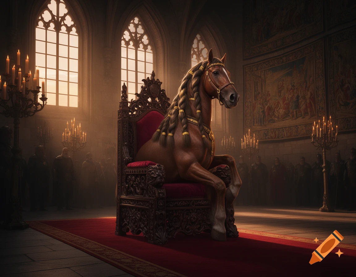 A majestic horse with braided mane sits on an ornate red throne in a grand, candlelit castle hall.