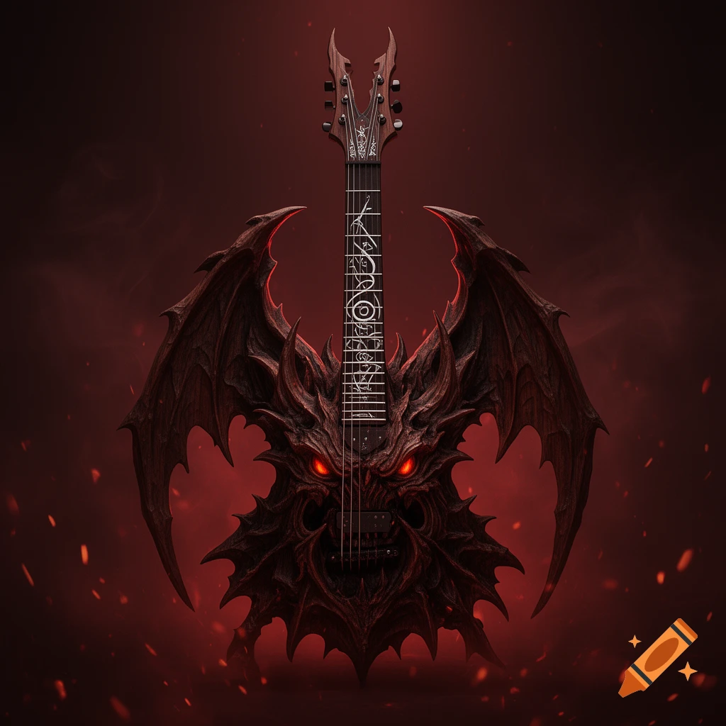 A dark, intricately carved heavy metal electric guitar designed like a demon with red glowing eyes and bat wings, against a red, fiery background.