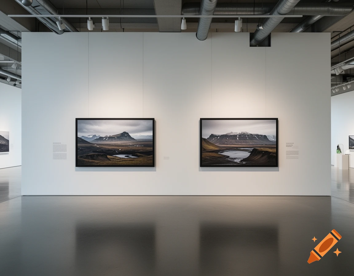 Modern museum hall with two framed landscape photographs of mountains and plains, reflecting on the polished floor.