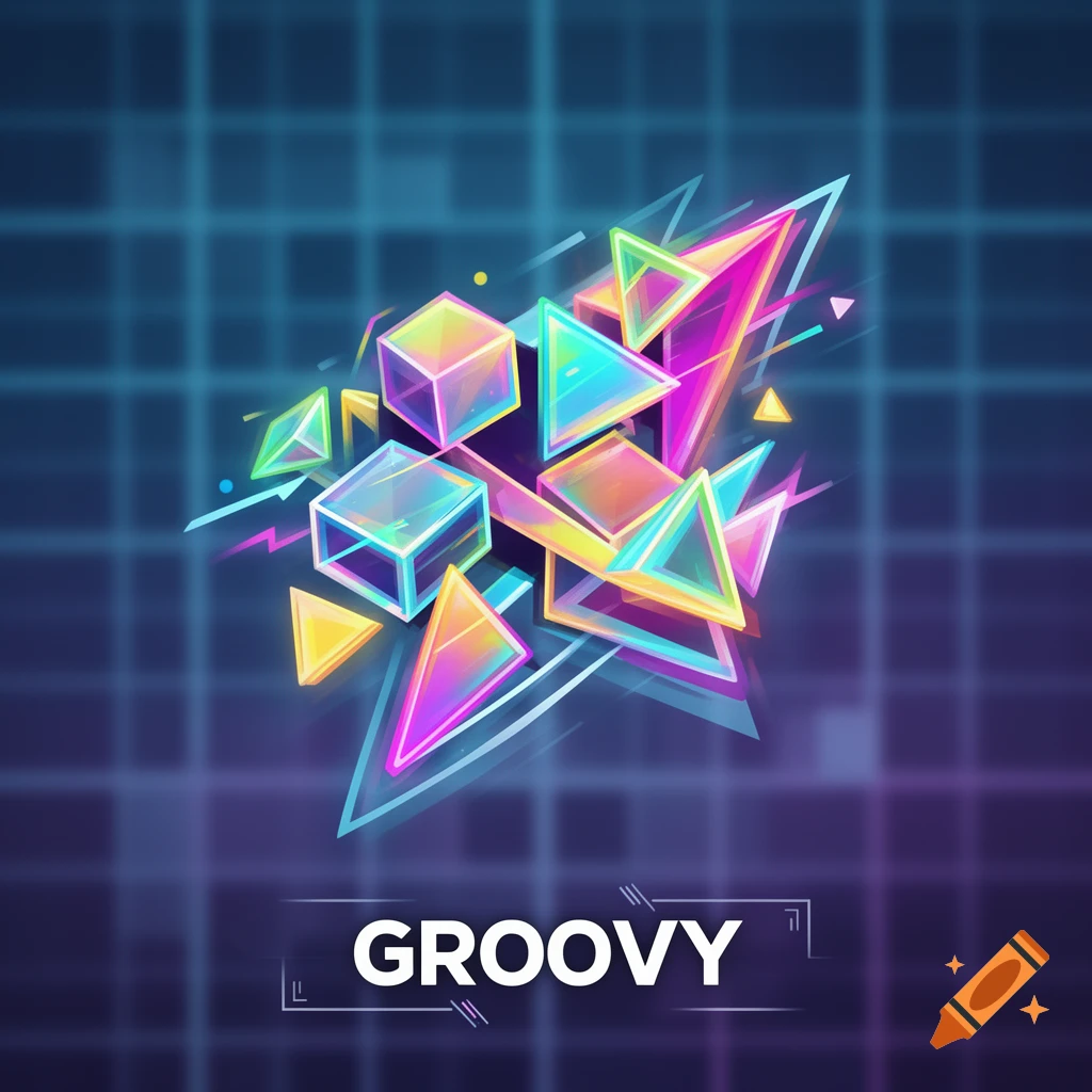 Colorful glowing abstract geometric shapes with the word GROOVY on a dark grid background.