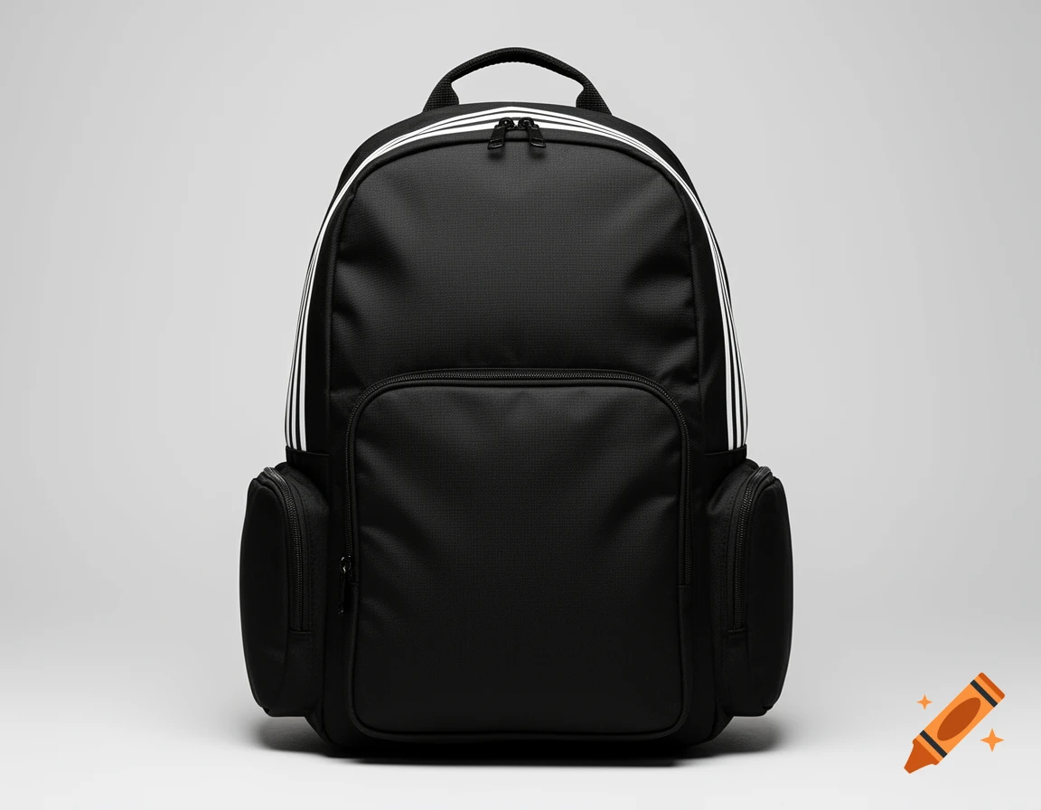 Black backpack with three white stripes on each side, a front pocket, two side pockets, and a top handle, against a light gray background.