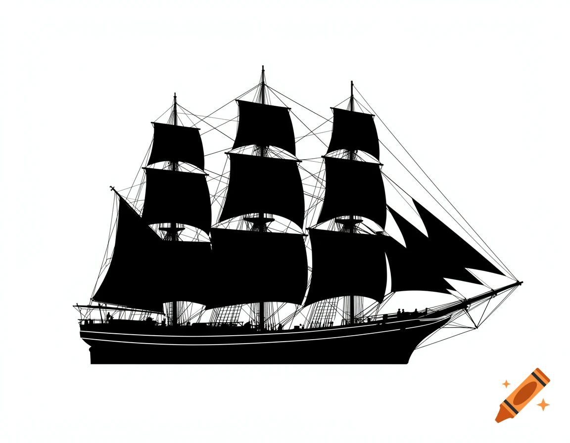 Black silhouette of a three-masted sailing ship with sails and rigging, viewed in profile on a white background.