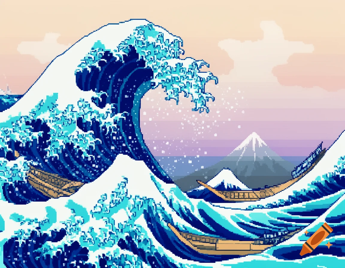 Pixel art rendition of The Great Wave off Kanagawa with boats and Mount Fuji in the background.