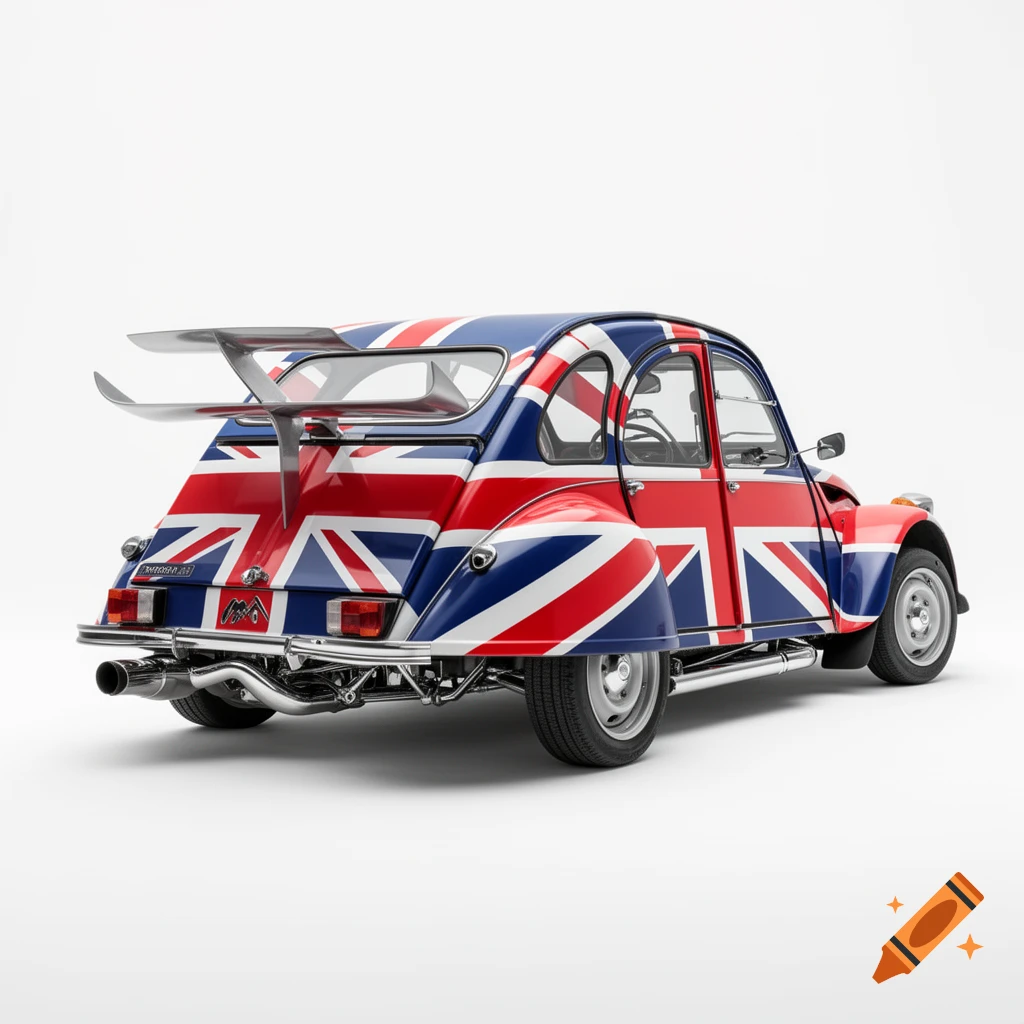 A custom car, a blend of a 2 CV and Formula 1, painted with the Union Jack flag, featuring a futuristic spoiler and chrome details, on a white background.
