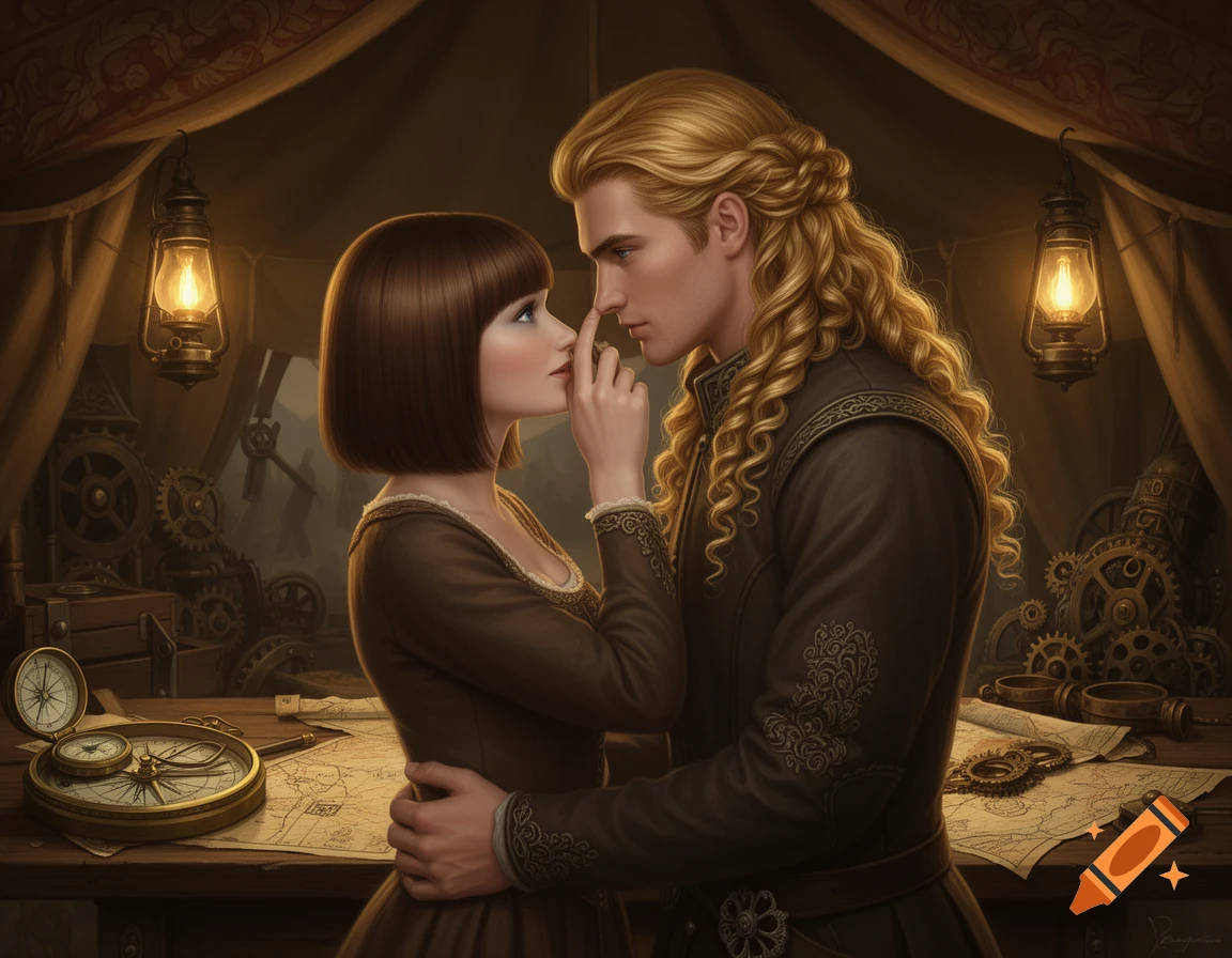 A noblewoman with a bob cut gently touches the nose of a long-haired man with delicate features, gazing lovingly in a steampunk-fantasy tent.