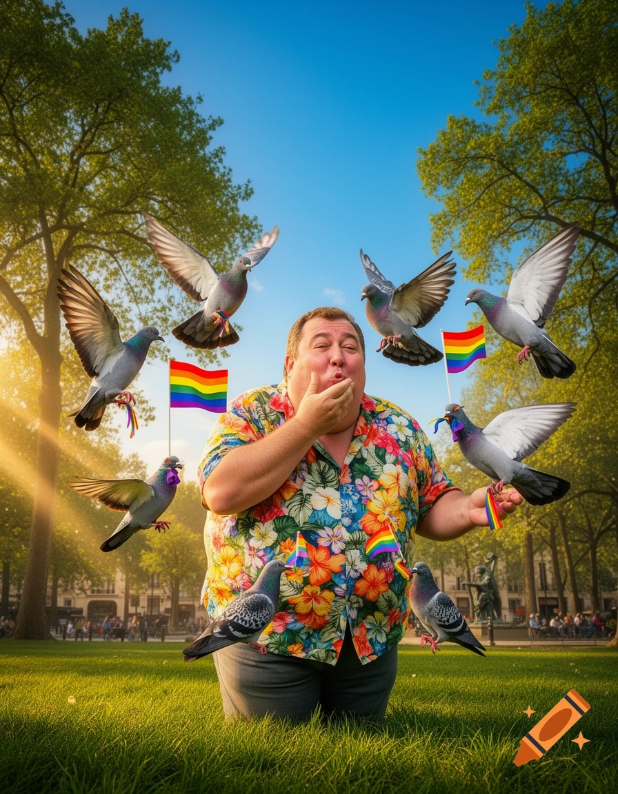 A man in a floral shirt, surrounded by pigeons carrying small rainbow flags, makes a kissing face in a sunny park.