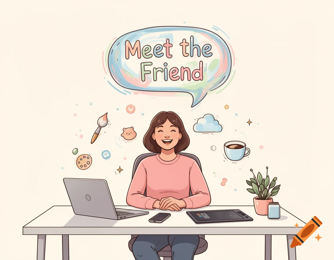 A friendly illustration of a smiling woman at a desk with a laptop, creative icons, and a speech bubble reading 'Meet the Friend.'