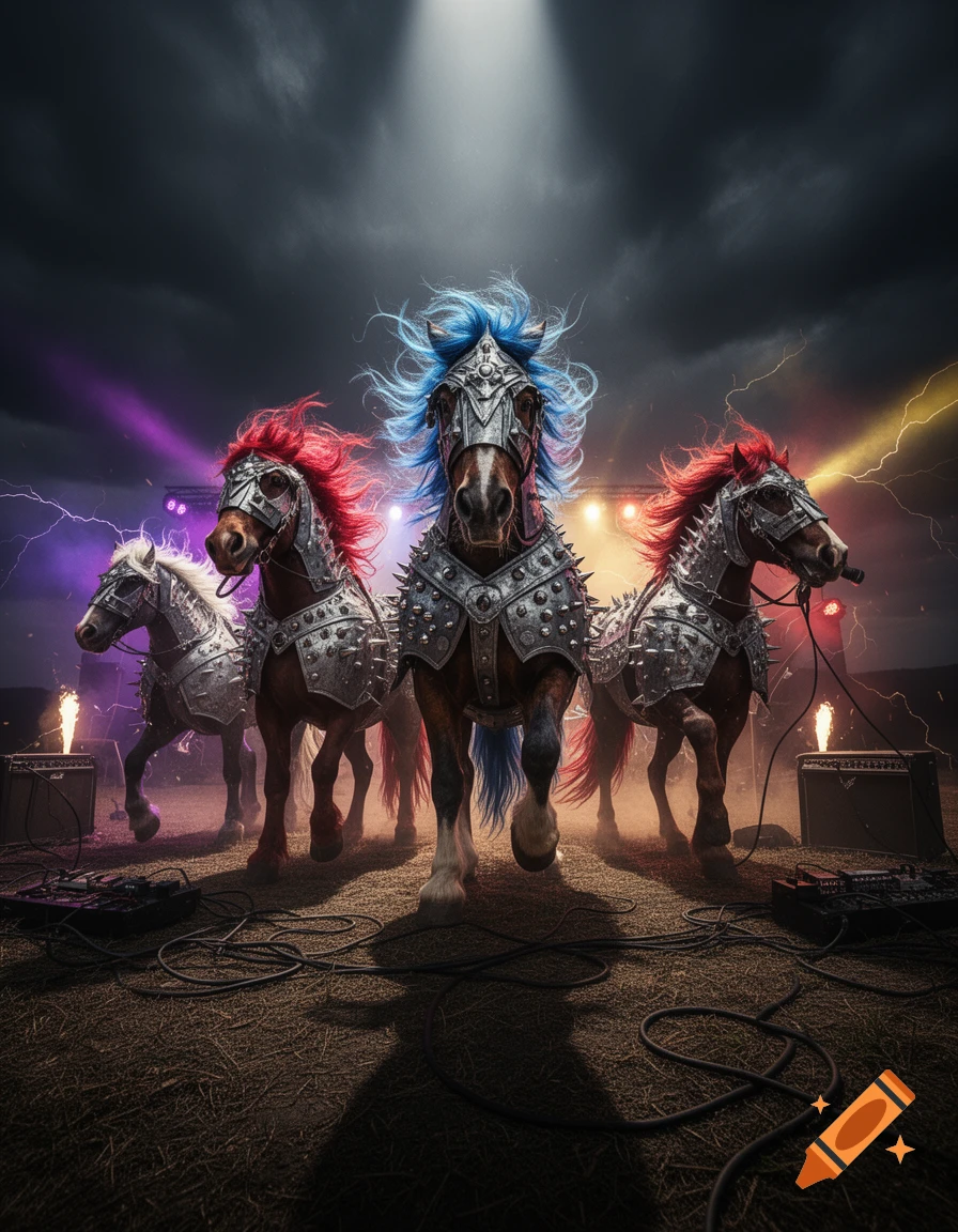 Four horses in spiked armor with colorful manes on a stormy outdoor stage with spotlights and lightning, representing a heavy metal band.