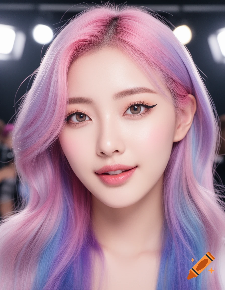 Photorealistic portrait of a young woman with long, wavy pink, purple, and blue hair, looking at the camera.