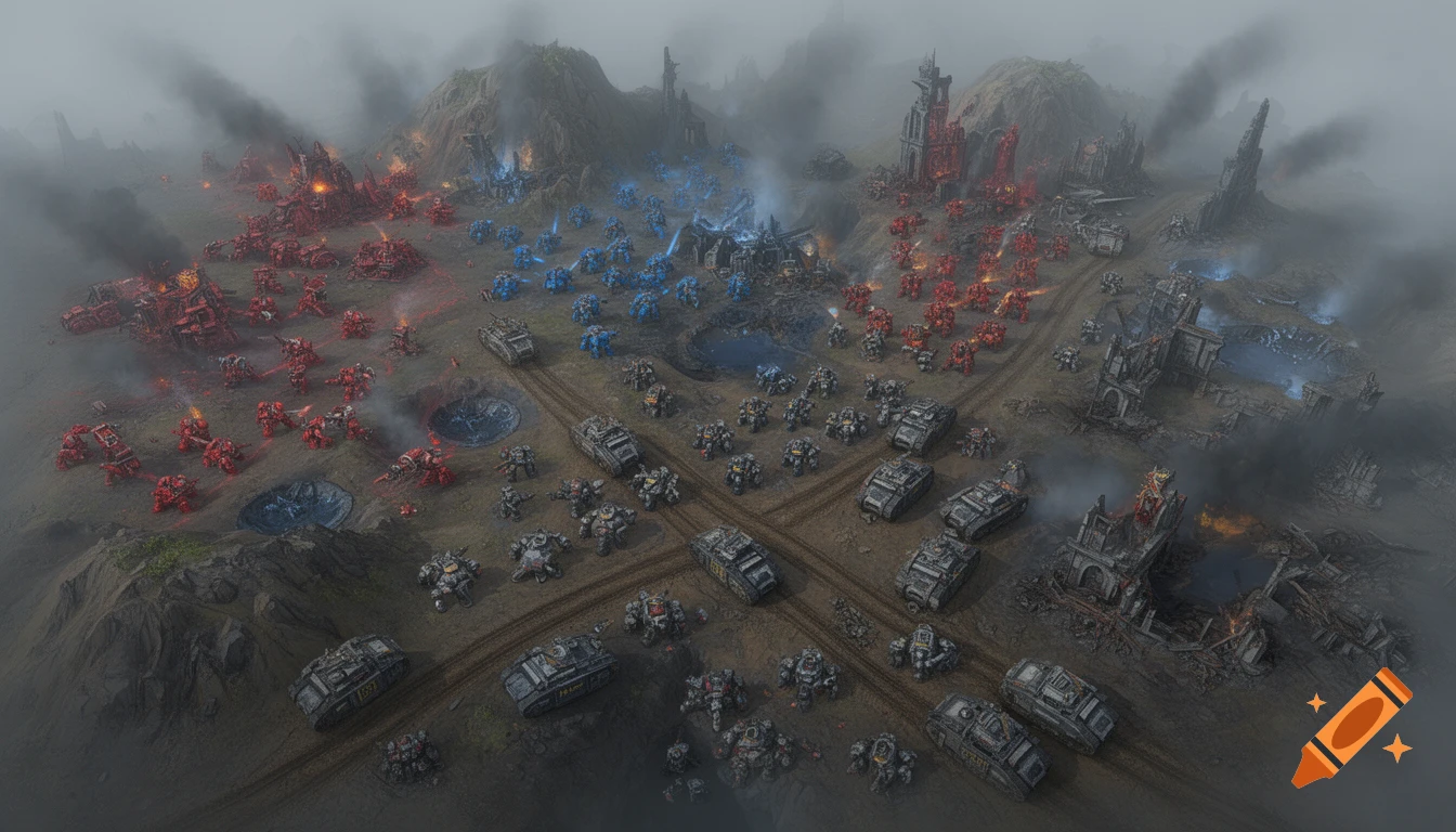 Top-down view of a futuristic battlefield with red and blue robot armies, tanks, and destroyed structures amidst smoke and haze.