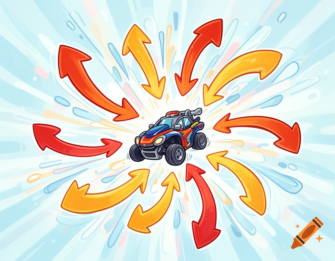 Cartoon off-road vehicle surrounded by red and orange arrows pointing outwards on a light blue splash background.
