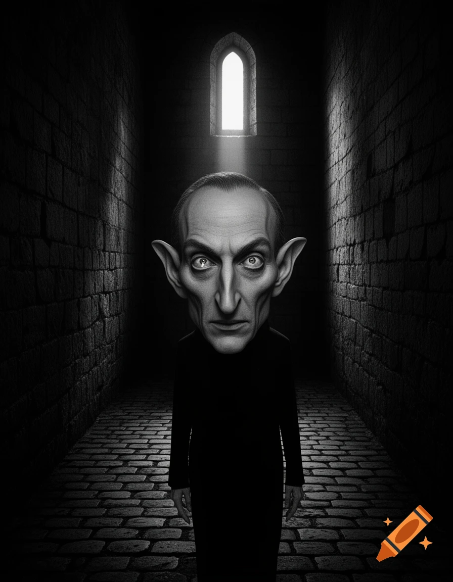 Black and white caricature of a man resembling a vampire in a dark, cobblestone corridor with an arched window.