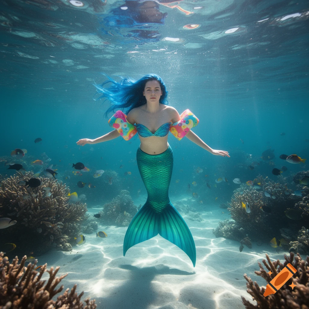 A blue-haired mermaid with colorful arm floaties swims underwater amidst coral and fish, with sun rays from above.