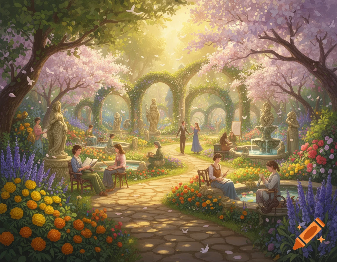 A vibrant, stylized garden filled with blooming flowers, archways, statues, and people reading, painting, and strolling under sunlit cherry blossom trees.