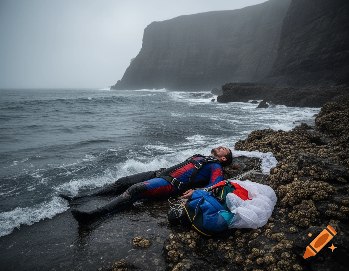 A skydiver lies on a rocky, barnacle-covered shore next to their parachute, with rough sea and a misty cliff face.