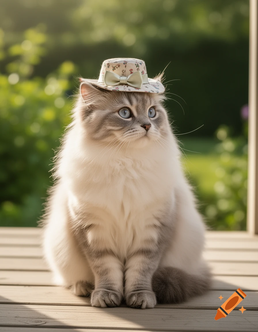 A fluffy Ragdoll cat with blue eyes wears a small floral hat with a bow, sitting on a wooden deck outdoors.