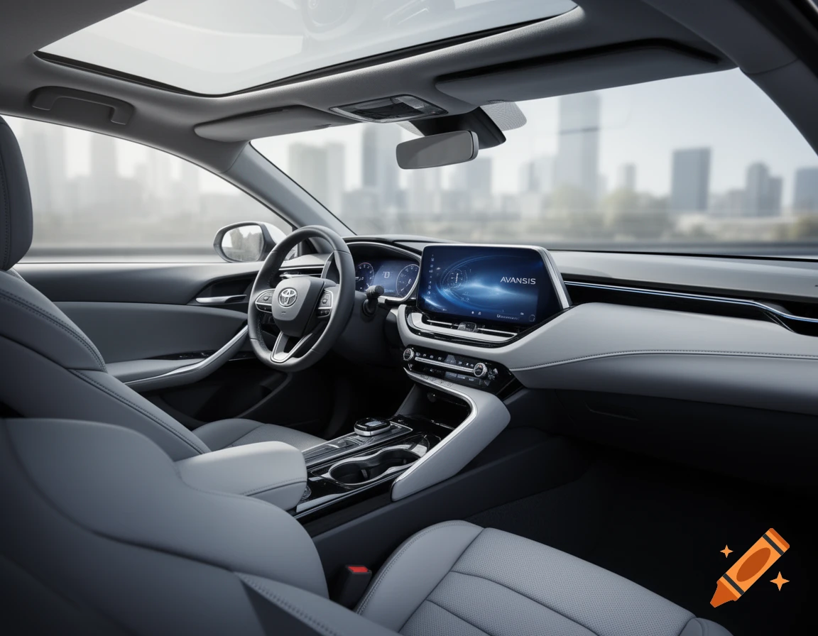 Ultrarealistic view of a modern car's gray interior with a large infotainment screen and sunroof, dashboard details, and front seats.