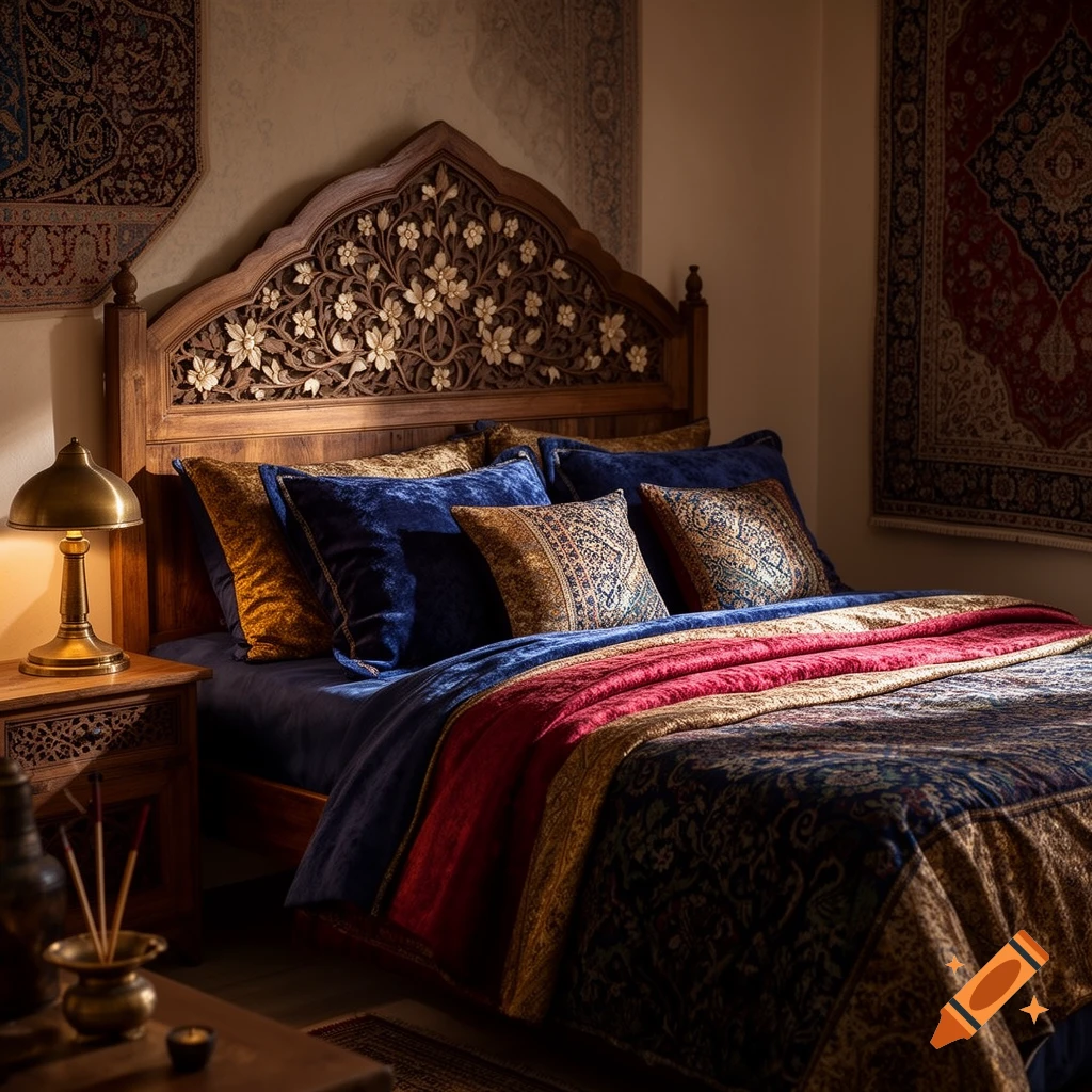 An opulent bedroom features a carved wooden headboard, rich blue and gold patterned bedding, a red throw blanket, and wall tapestries.