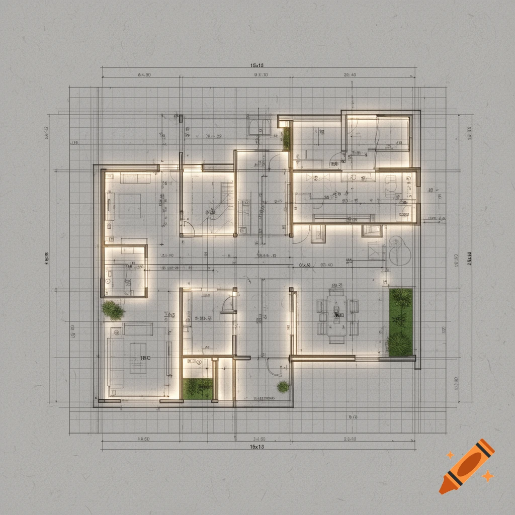 Overhead view of an illuminated architectural blueprint or floor plan with measurements and room layouts.