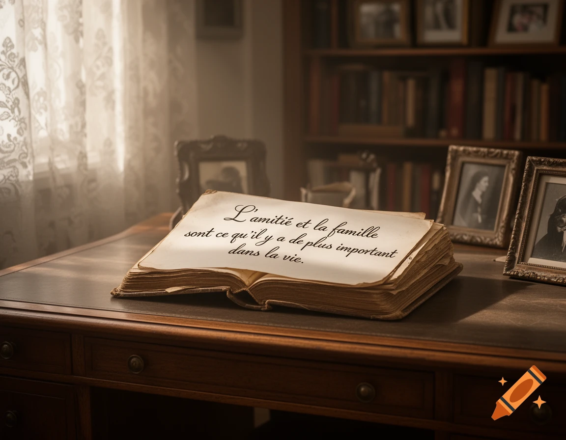 An open antique book on a wooden desk with text 'L'amiti é et la famille sont ce qu'il y a de plus important dans la vie.' Soft window light.