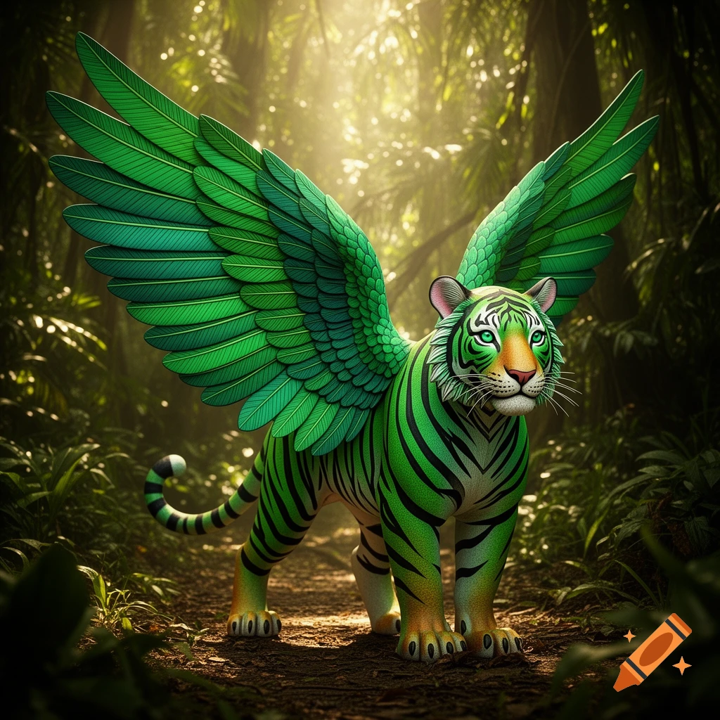 A green alebrije tiger with large green wings stands on a path in a lush, sunlit jungle.
