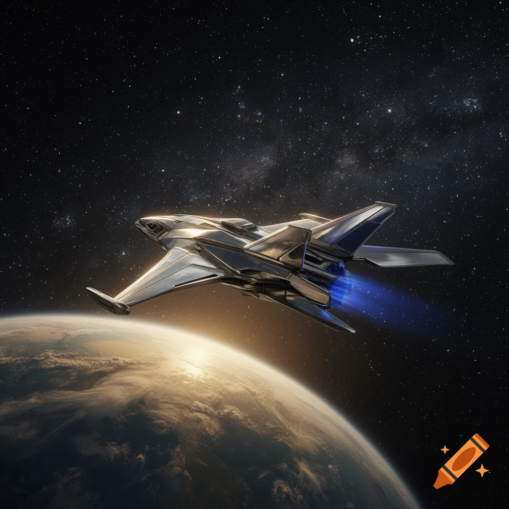 A sleek metallic spaceship with blue thruster flames flies over a planet's sunlit horizon against a star-filled dark space.